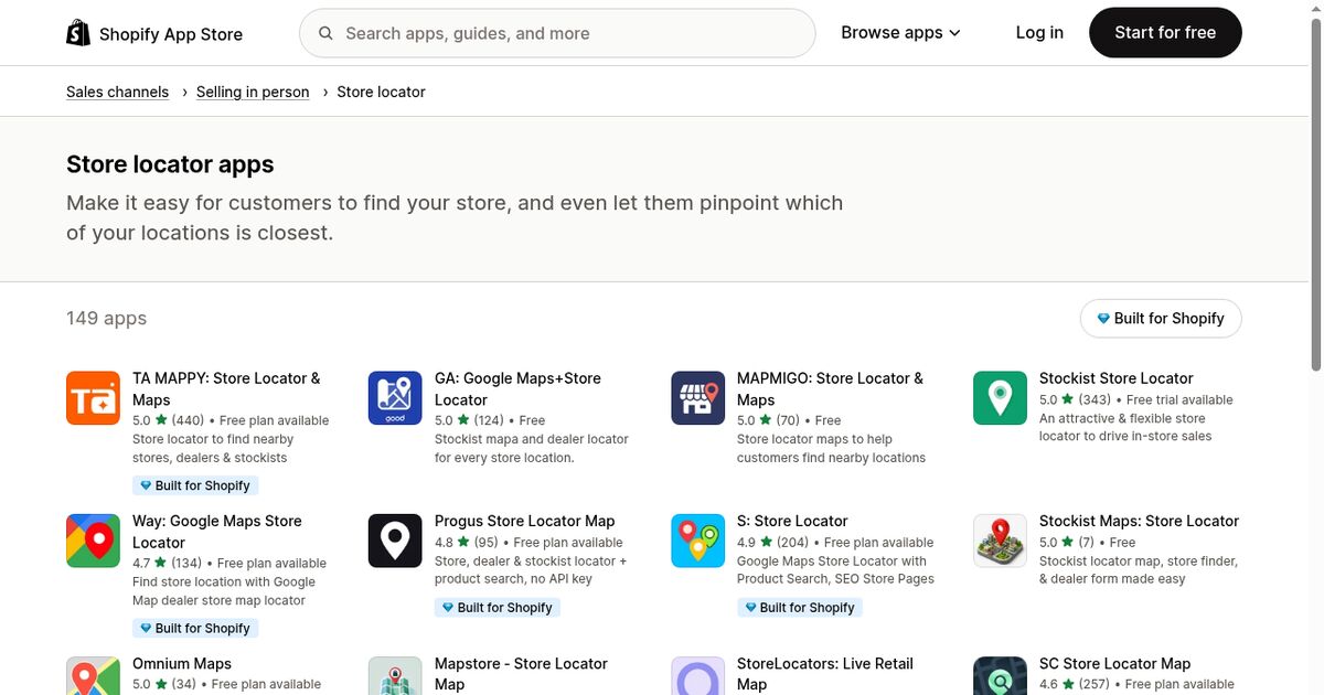 Shopify App Store store locator category page listing 149 apps