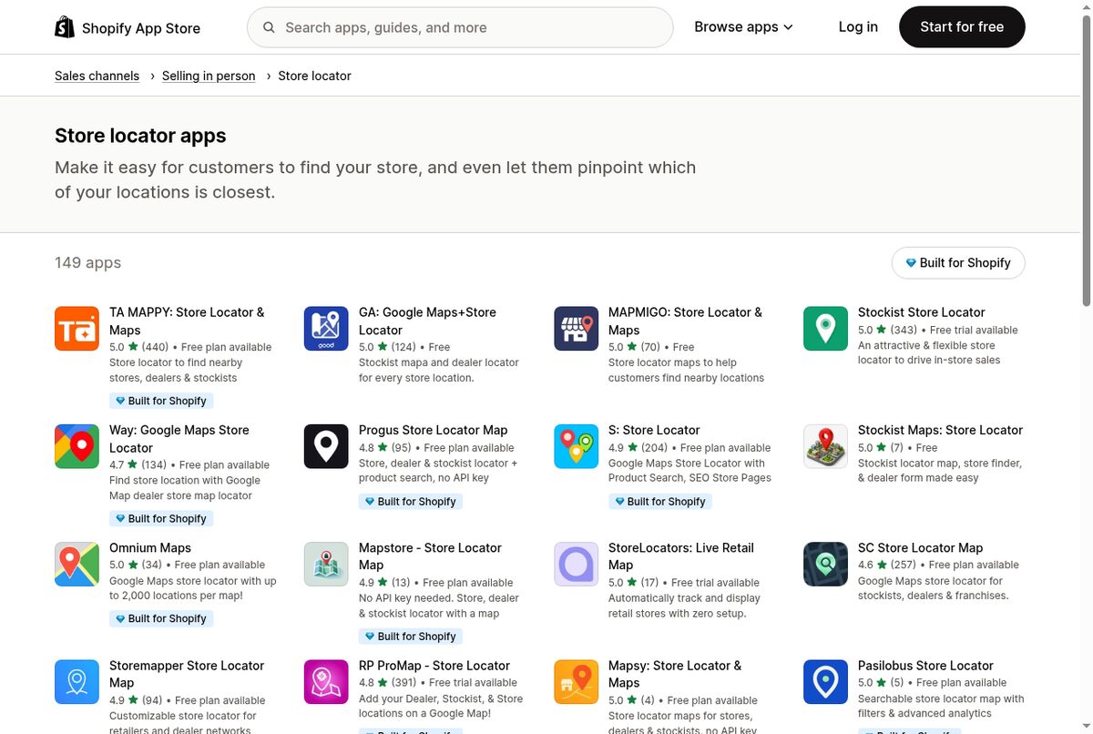 Page de la catégorie store locator du Shopify App Store