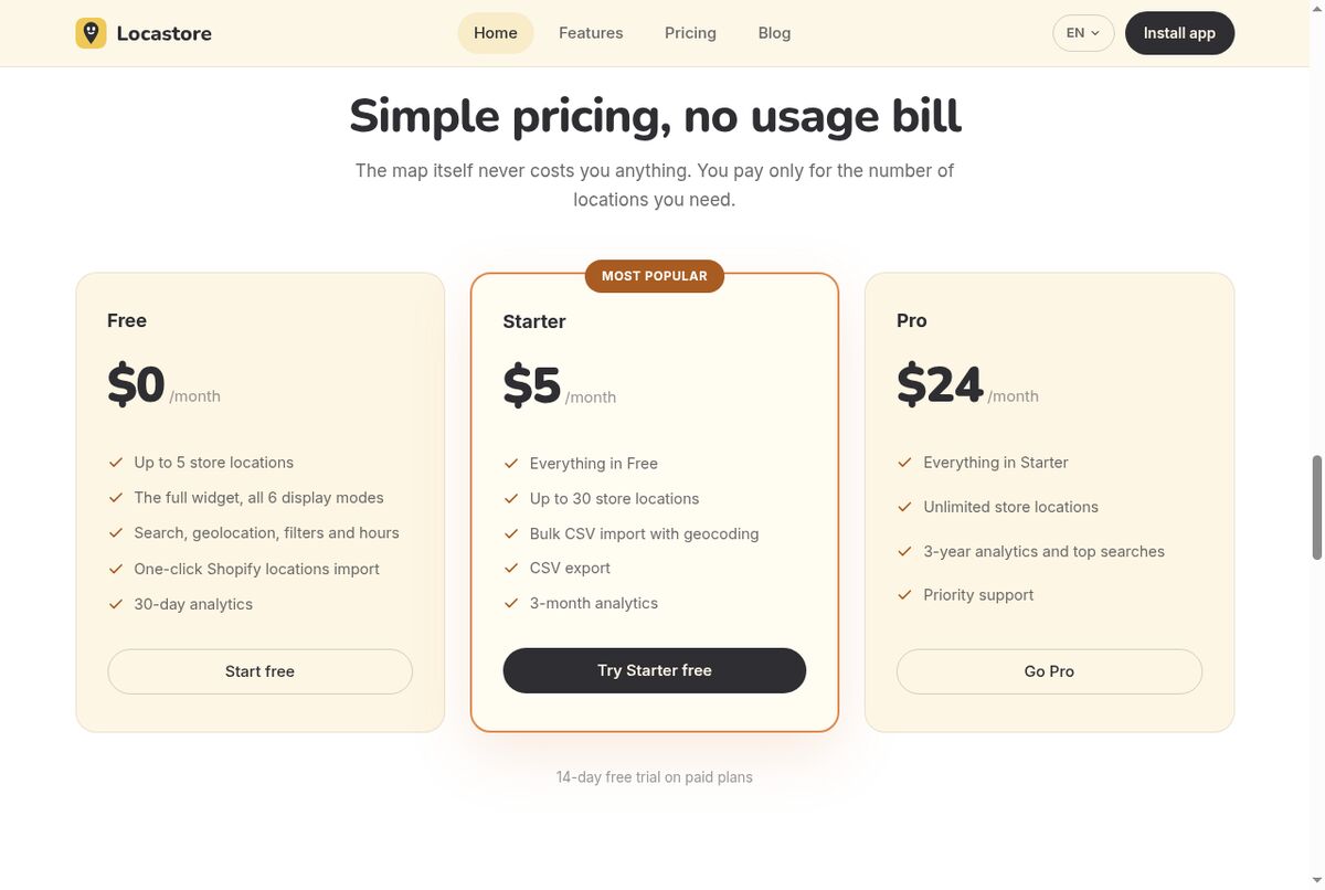 Locastore plans: Free at $0 up to 5 locations, Starter at $5 up to 30, Pro at $24 unlimited
