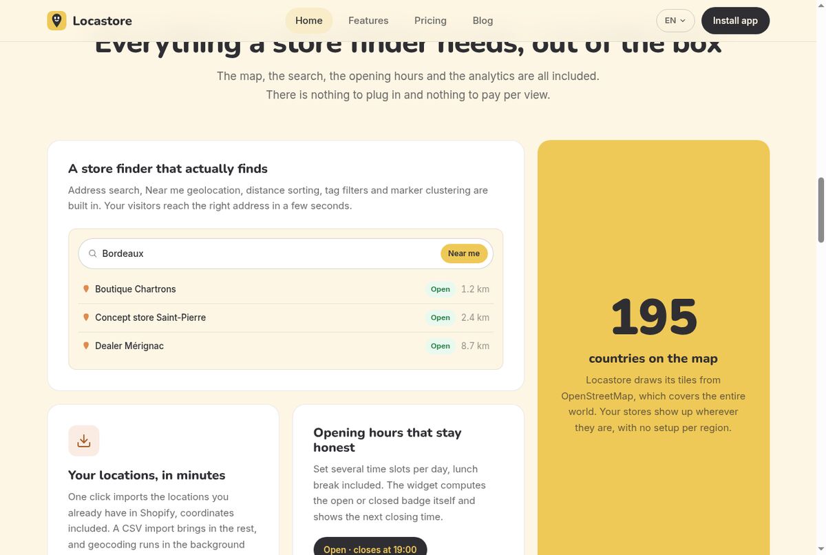 Locastore store finder demo with a Near me button, open badges and distances