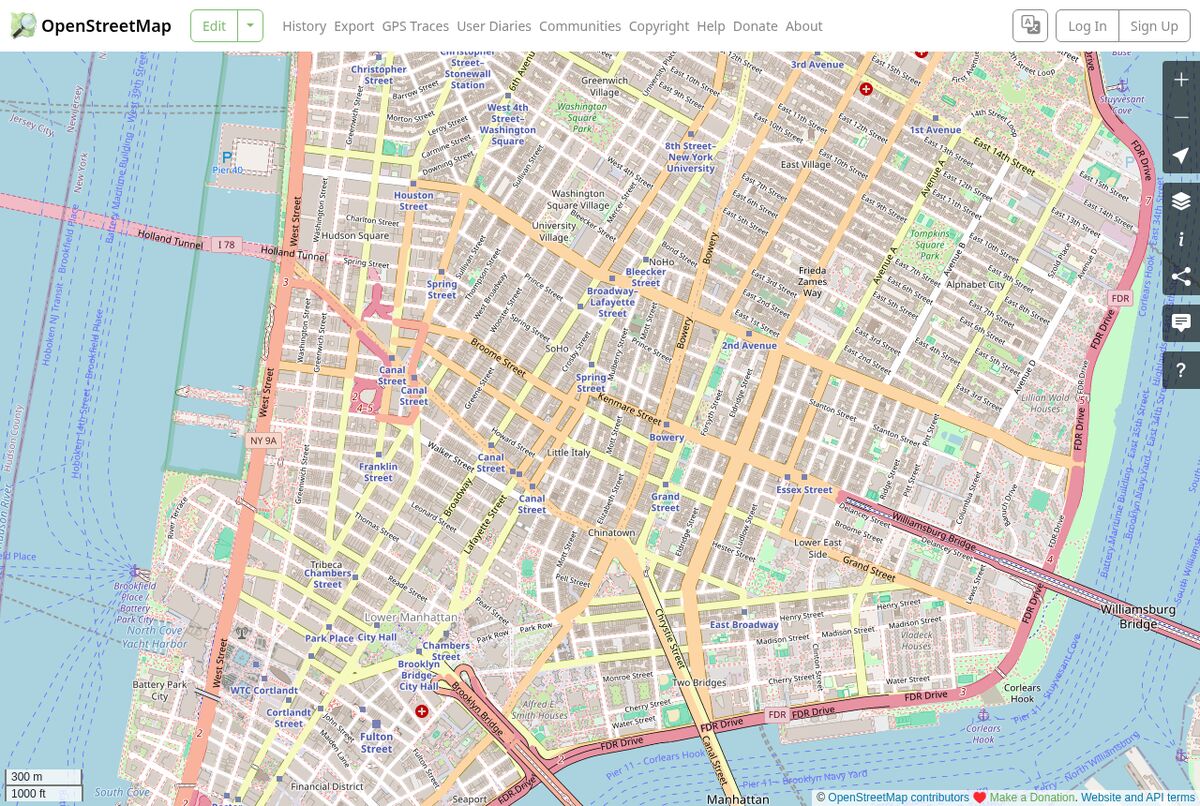 OpenStreetMap map of lower Manhattan with the attribution notice in the bottom-right corner