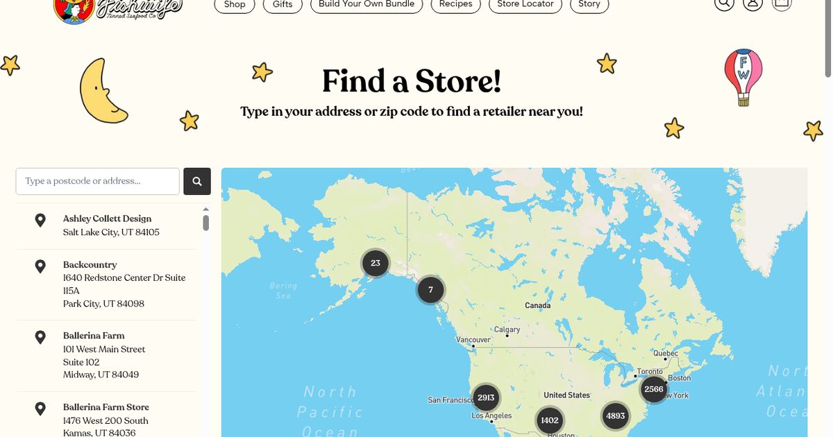 Fishwife store locator with a stockist list and clustered map of North America
