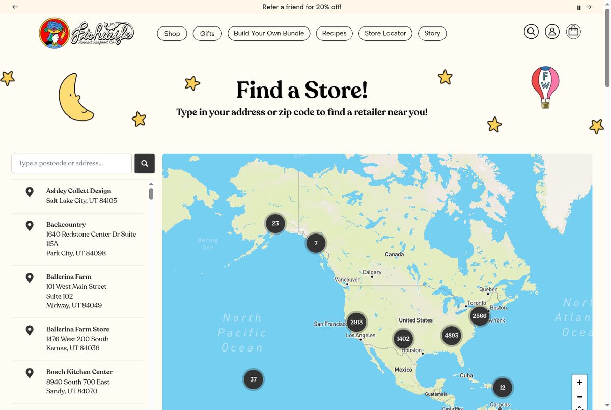 Fishwife store locator with a stockist list on the left and a clustered map on the right