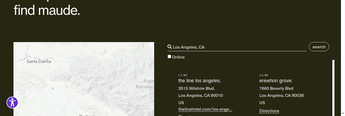 Maude stockist results for Los Angeles with distances in miles and Directions links