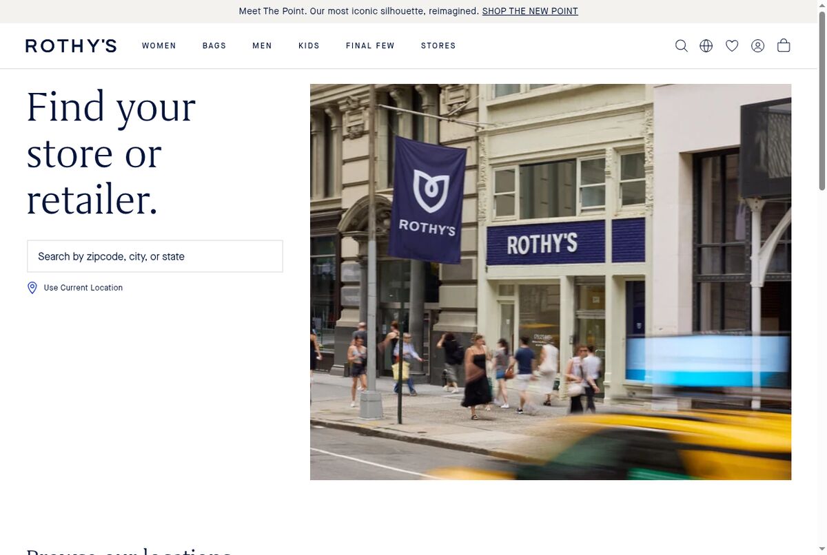 Rothy's store finder with a search field, a Use Current Location link and a storefront photo