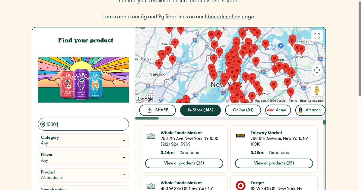 OLIPOP where to buy page with store results around zip 10001