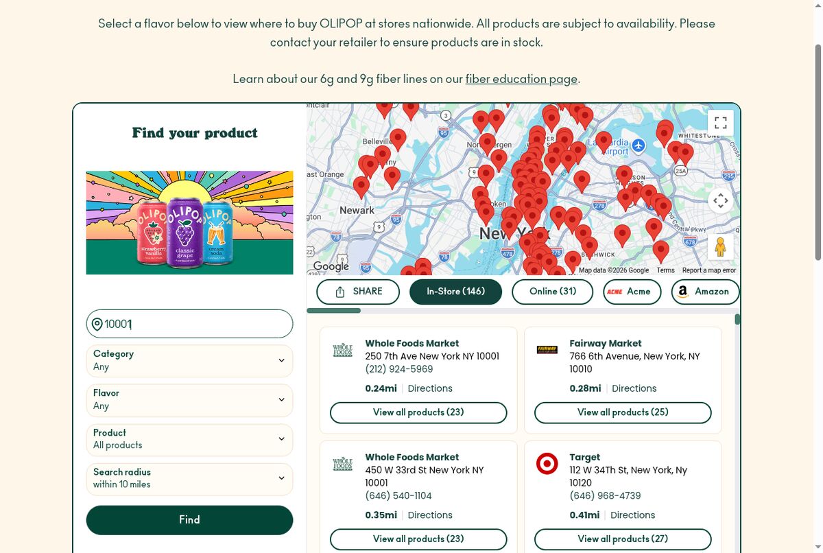 OLIPOP Where to Buy page with product filters and In-Store and Online tabs