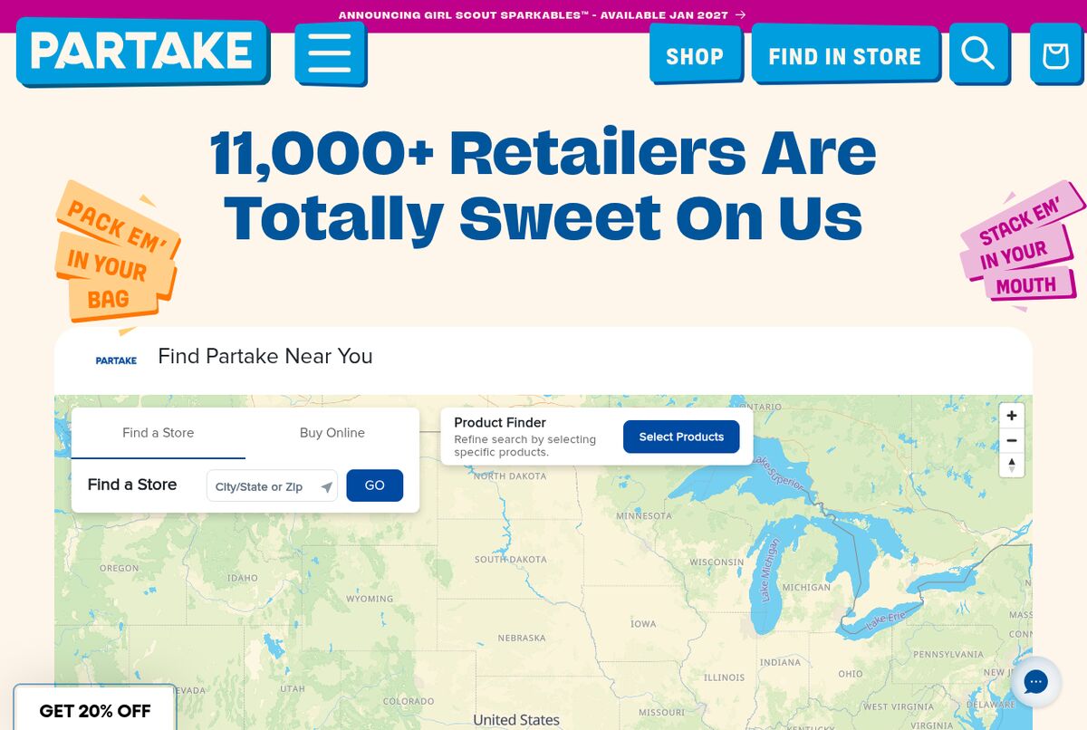 Partake Foods Find Us page with Find a Store and Buy Online tabs